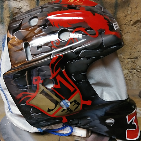 airbrushed goalie mask with lions and shield