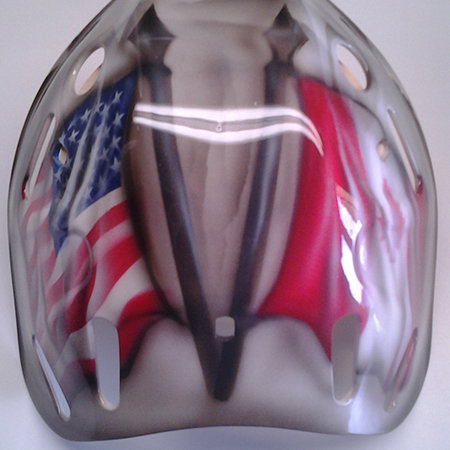 American and Canadian flags airbnrushed on goalie mask baclk plate