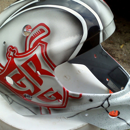 Griffins logo painted on goalie mask